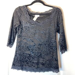 Arianne Black Velvet-Texture Lace Sheer Top ( M ) Gothic Romantic Style Mystic